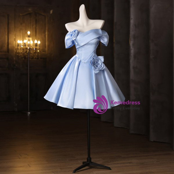 Blue Satin Pleats Flower Homecoming Dress