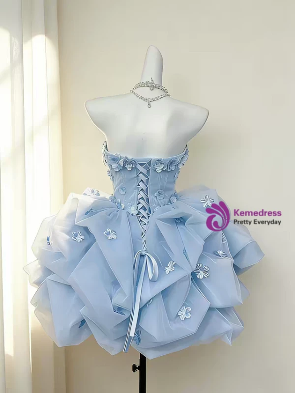 Blue Tulle Strapless 3D Flower Homecoming Dress