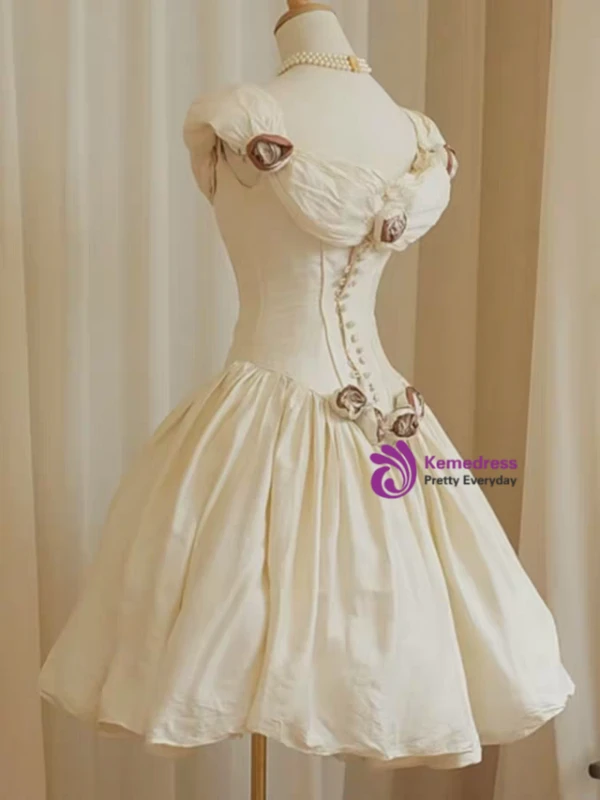 Champagne Off the Shoulder Flower Prom Dress