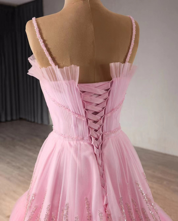 Pink Tulle Sequins Beading Pleats Prom Dress