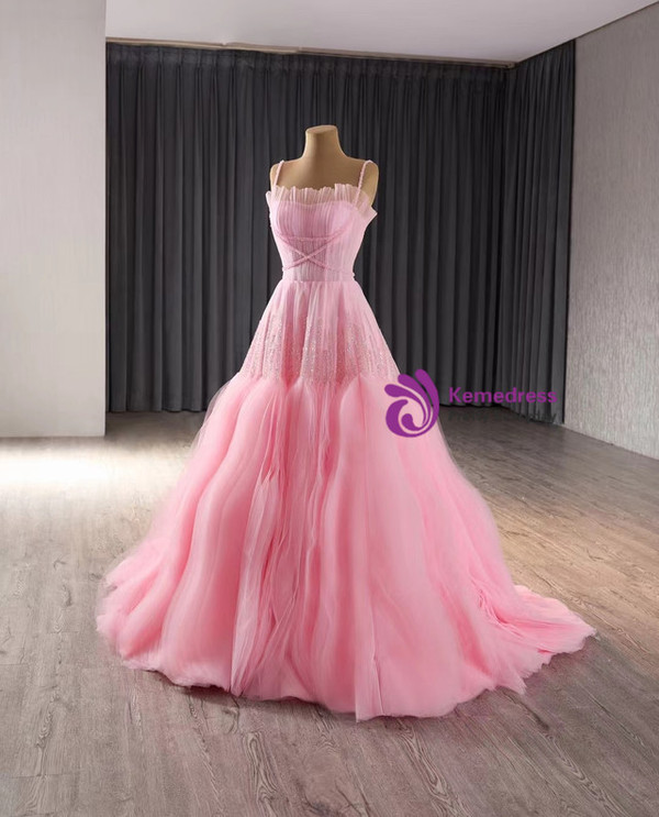 Pink Tulle Sequins Beading Pleats Prom Dress