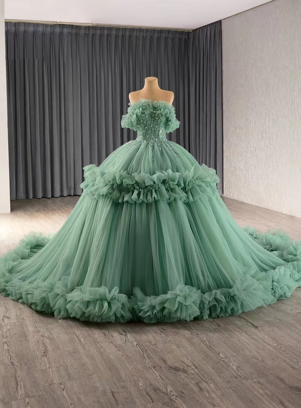 Green Tulle Sequins Off the Shoulder Prom Dress