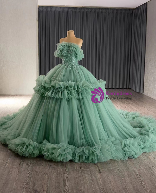 Green Tulle Sequins Off the Shoulder Prom Dress