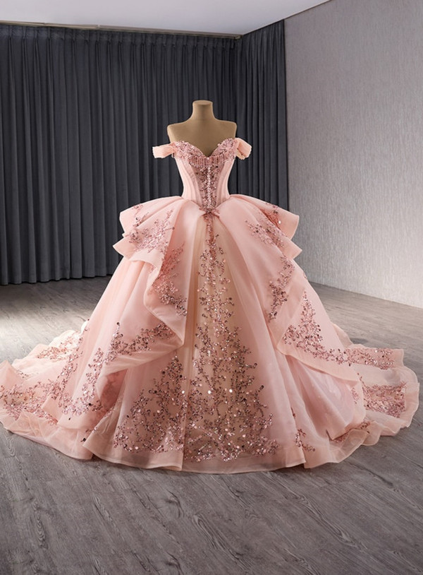Pink Ball Gown Tulle Sequins Appliques Prom Dress