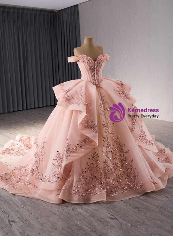 Pink Ball Gown Tulle Sequins Appliques Prom Dress