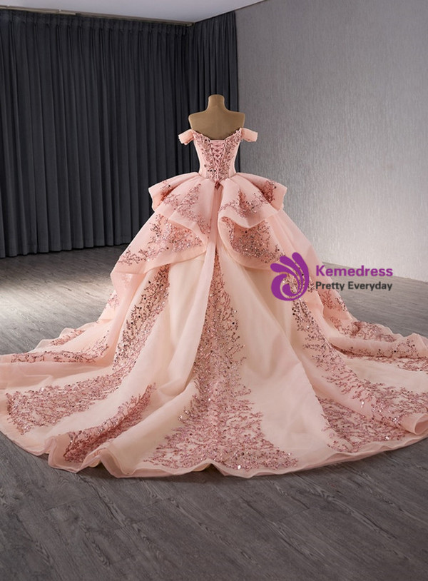 Pink Ball Gown Tulle Sequins Appliques Prom Dress