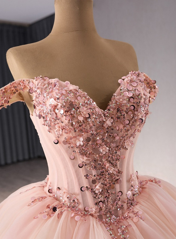 Pink Ball Gown Tulle Sequins Appliques Prom Dress