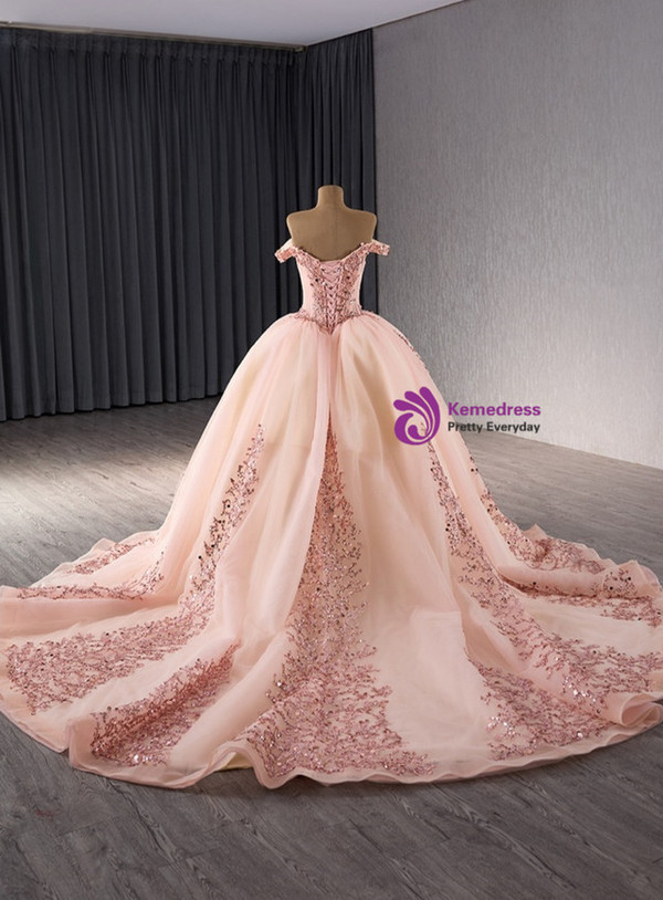 Pink Ball Gown Tulle Sequins Appliques Prom Dress