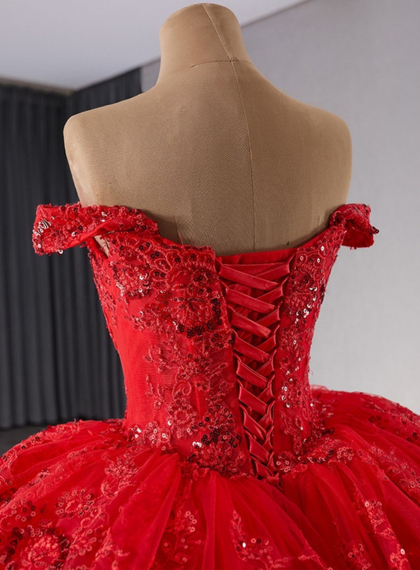 Red Ball Gown Sequins Lace Tiers Prom Dress