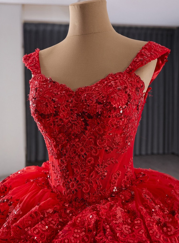 Red Ball Gown Sequins Lace Tiers Prom Dress
