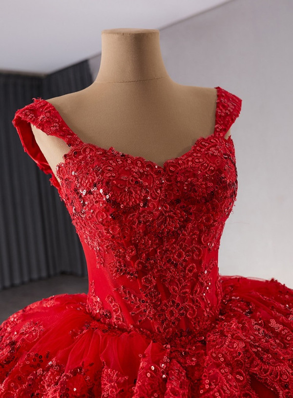 Red Ball Gown Sequins Lace Tiers Prom Dress
