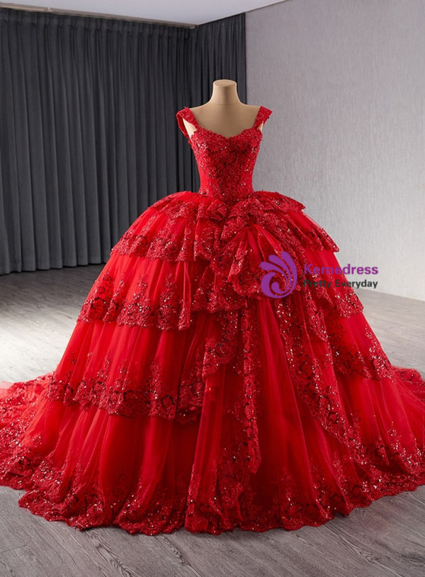 Red Ball Gown Sequins Lace Tiers Prom Dress