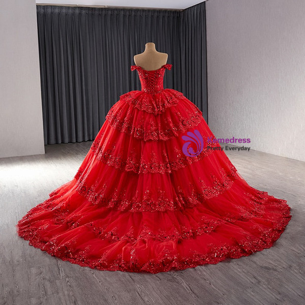 Red Ball Gown Sequins Lace Tiers Prom Dress