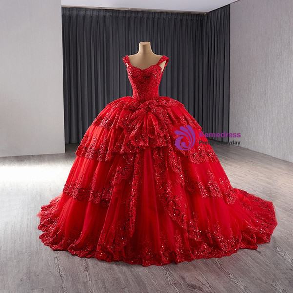Red Ball Gown Sequins Lace Tiers Prom Dress