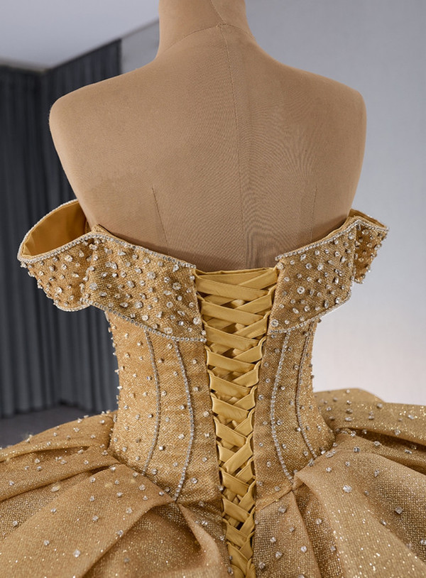 Gold Sequins Beading Off the Shoulder Prom Dress