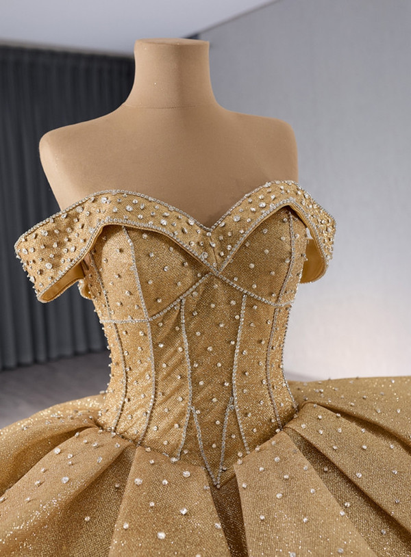 Gold Sequins Beading Off the Shoulder Prom Dress