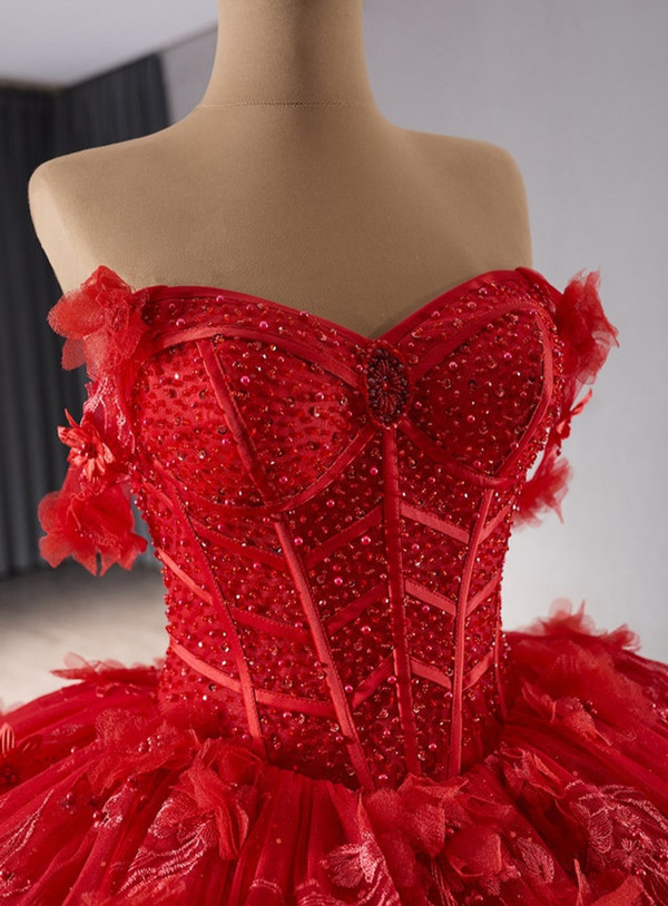 Red Ball Gown Tulle Sequins 3D Flower Beading Prom Dress