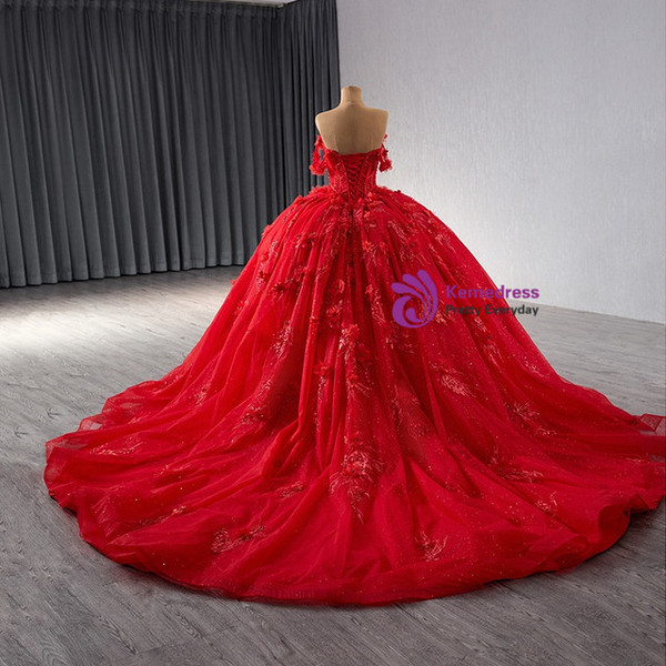 Red Ball Gown Tulle Sequins 3D Flower Beading Prom Dress