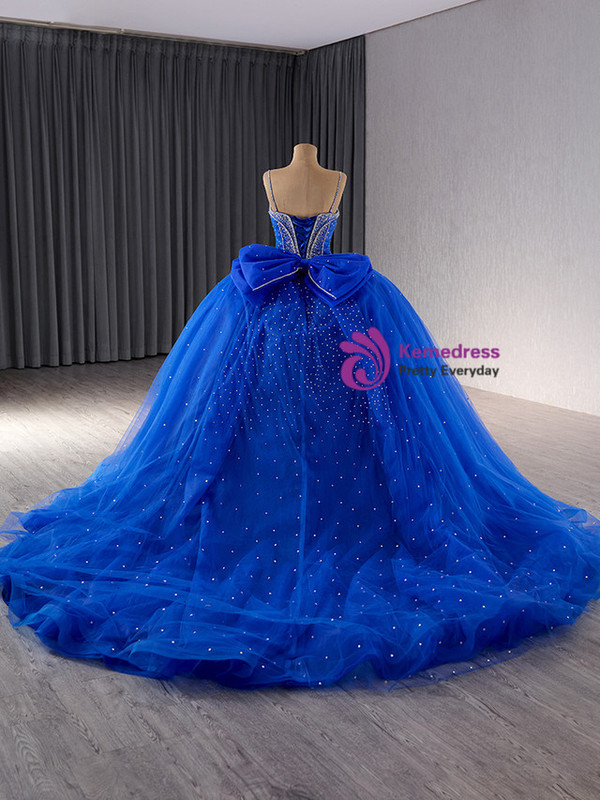 Royal Blue Tulle Spaghetti Straps Bow Beading Prom Dress
