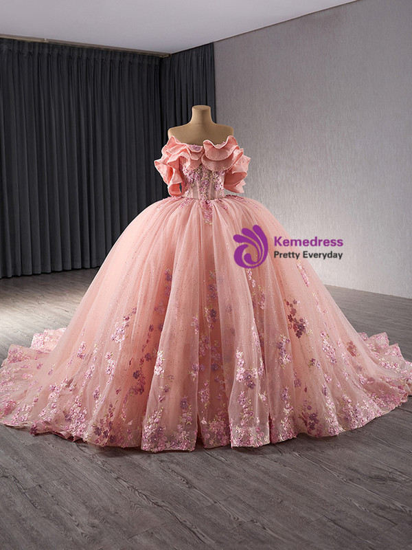 Pink Tulle Appliques Off the Shoulder Prom Dress