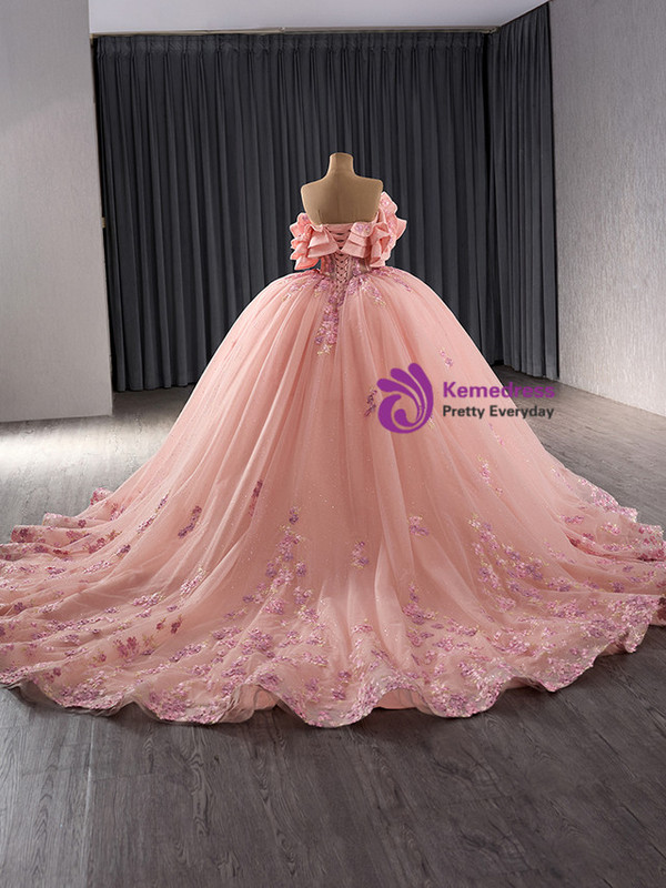 Pink Tulle Appliques Off the Shoulder Prom Dress