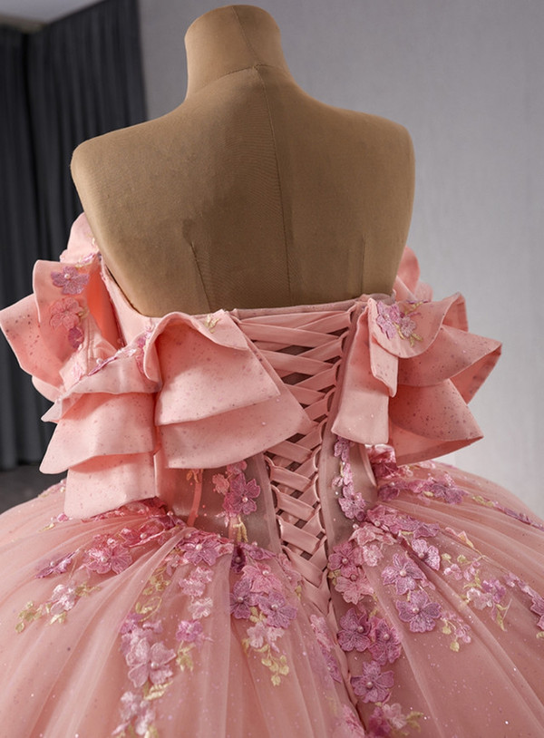 Pink Tulle Appliques Off the Shoulder Prom Dress