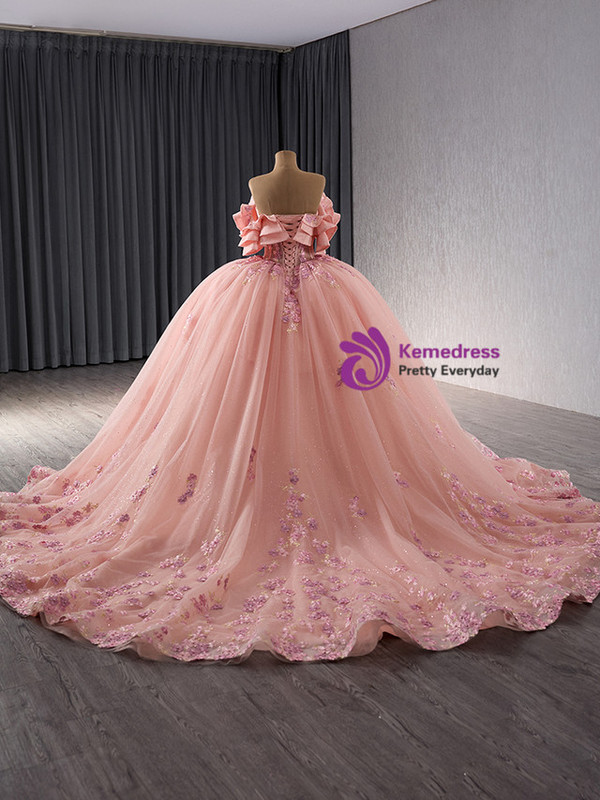Pink Tulle Appliques Off the Shoulder Prom Dress