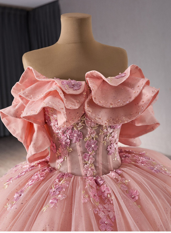 Pink Tulle Appliques Off the Shoulder Prom Dress