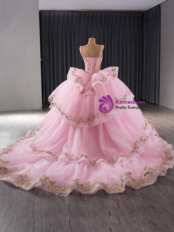 Pink Tulle Gold Sequins Pearl Prom Dress