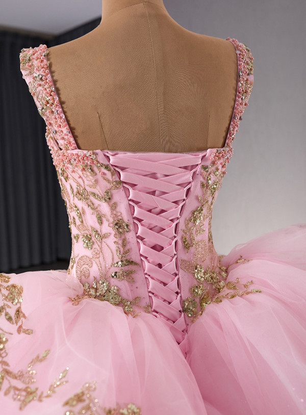 Pink Tulle Gold Sequins Pearl Prom Dress