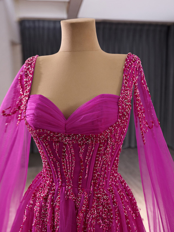 Fuchsia Tulle Square Neck Beading Sequins Prom Dress