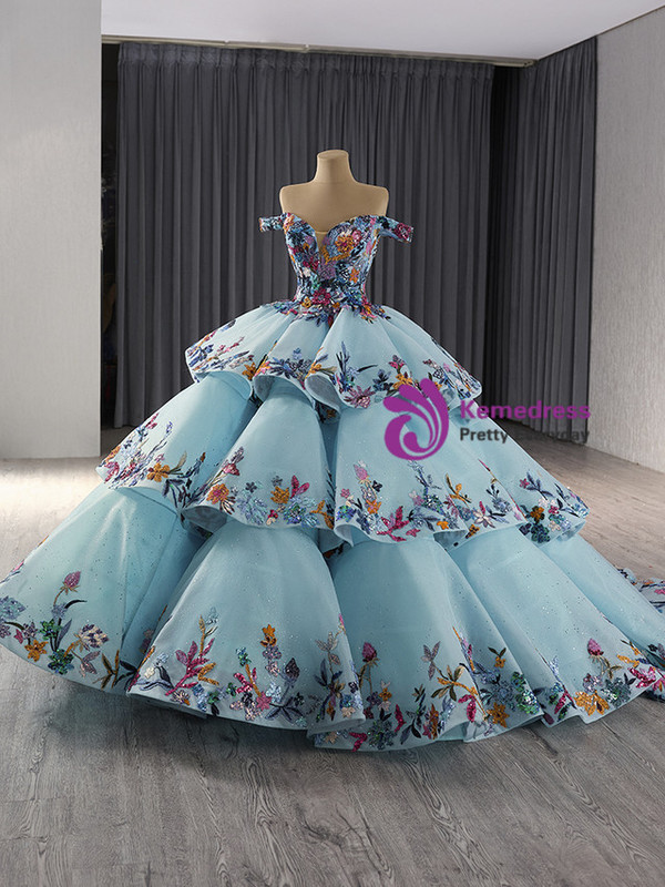 Blue Off the Shoulder Colorful Sequins Prom Dress