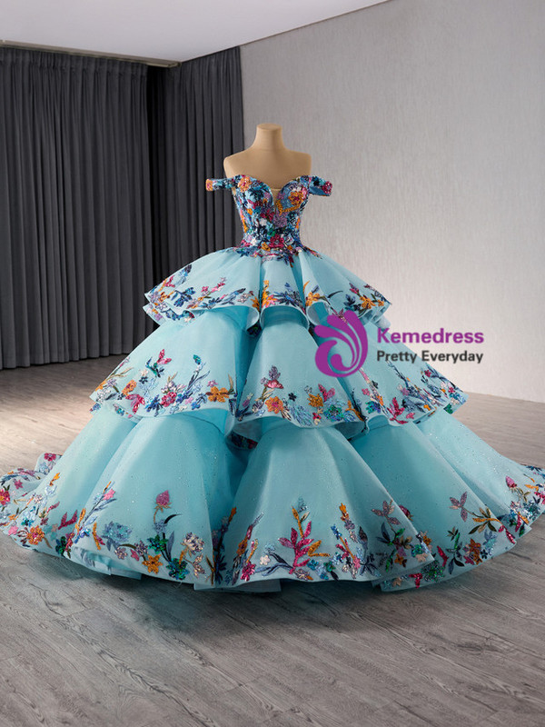 Blue Off the Shoulder Colorful Sequins Prom Dress