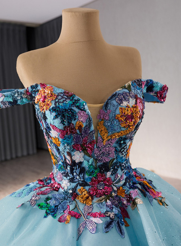 Blue Off the Shoulder Colorful Sequins Prom Dress
