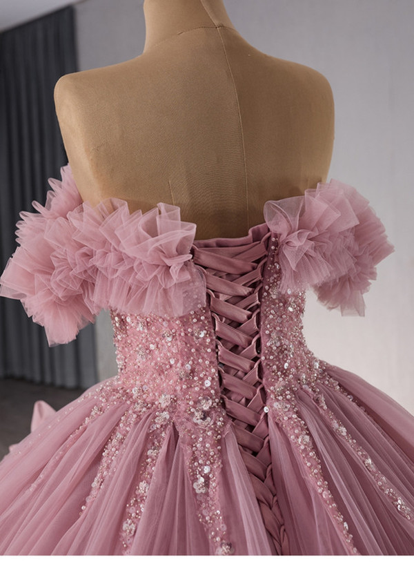 Pink Tulle Off the Shoulder Sequins Prom Dress