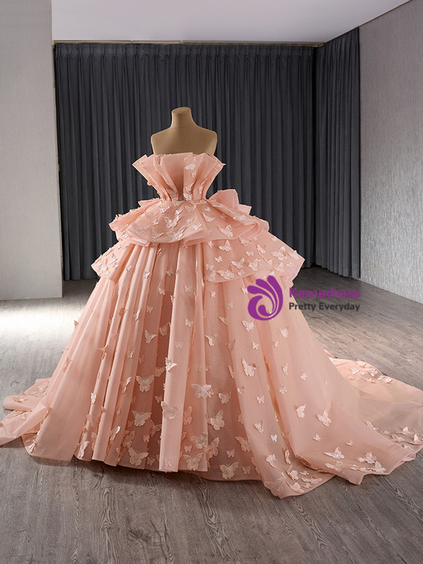 Orange Ball Gown Tulle Strapless Butterfly Prom Dress