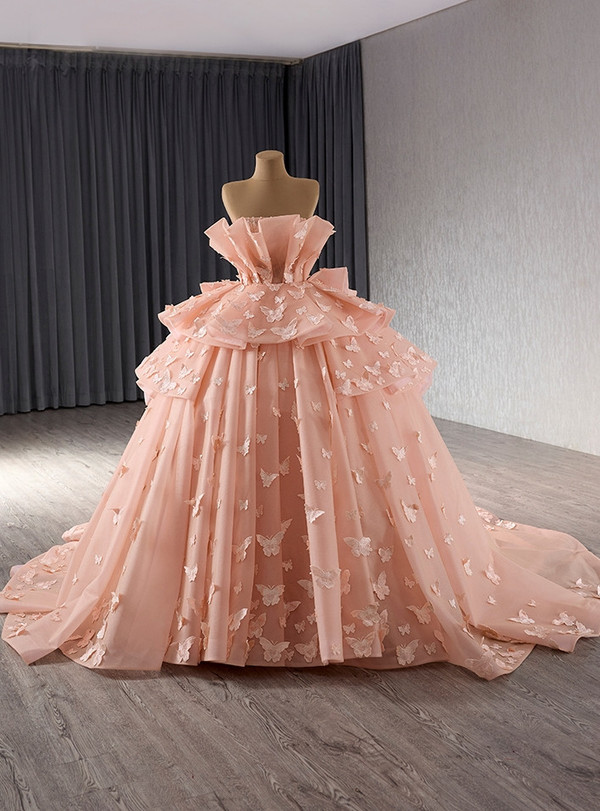 Orange Ball Gown Tulle Strapless Butterfly Prom Dress