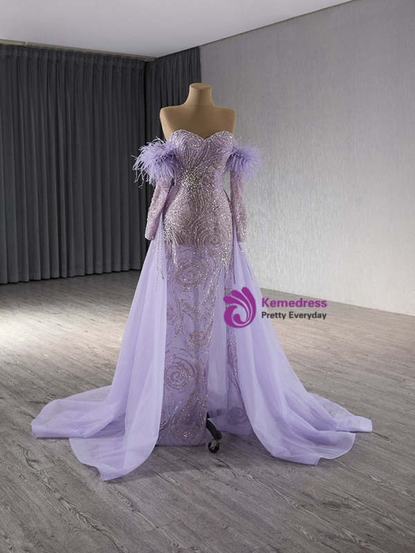 Purple Tulle Sequins Prom Dress With Detachable Sleeve