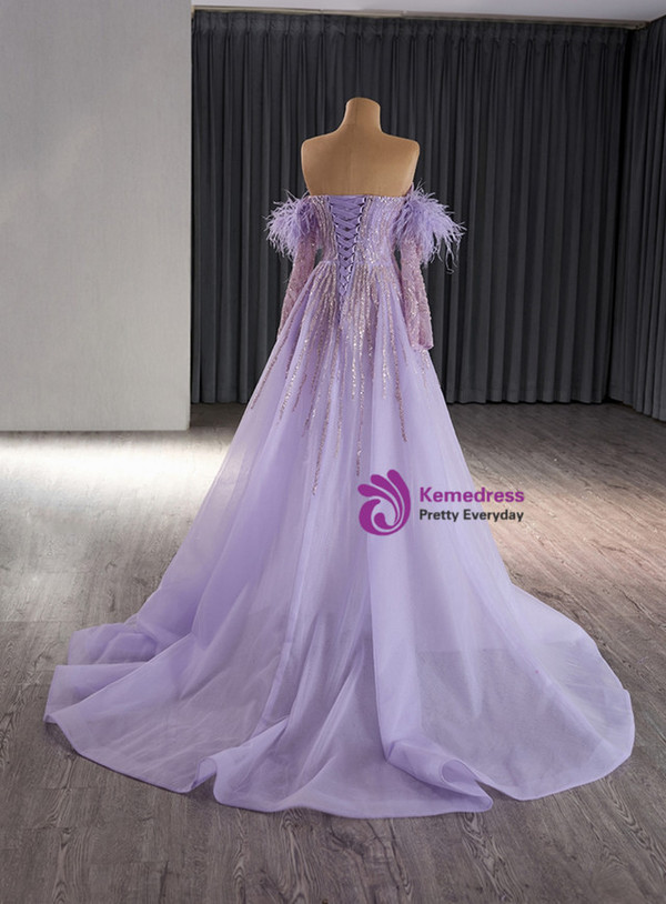 Purple Tulle Sequins Prom Dress With Detachable Sleeve