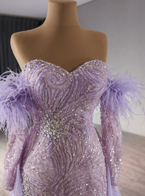 Purple Tulle Sequins Prom Dress With Detachable Sleeve