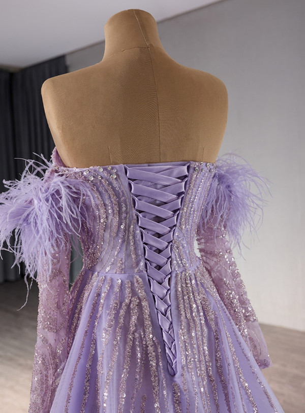 Purple Tulle Sequins Prom Dress With Detachable Sleeve