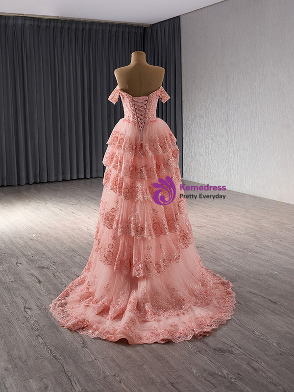 Pink Tulle Sequins Lace Appliques Prom Dress
