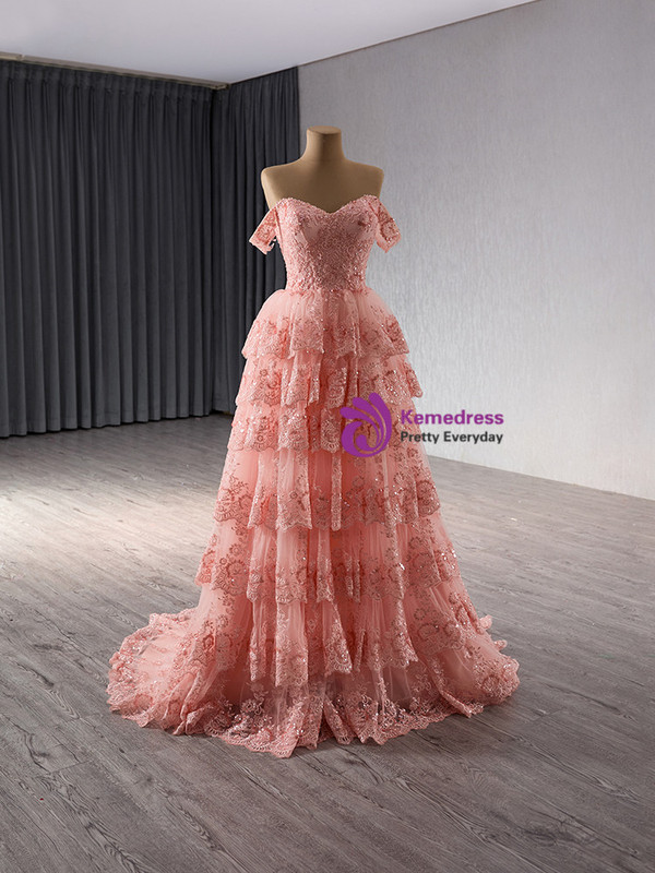 Pink Tulle Sequins Lace Appliques Prom Dress