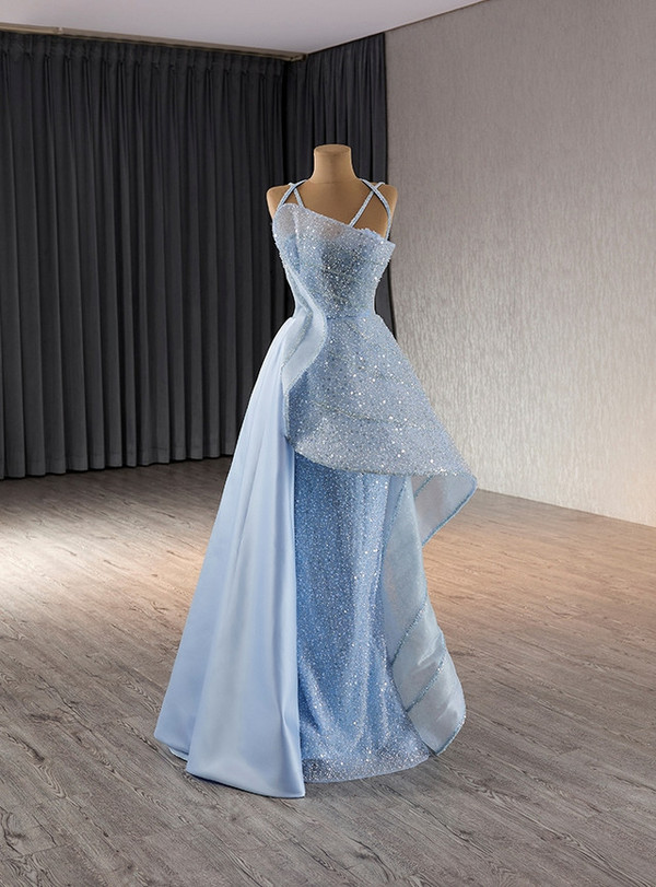 Sexy Blue Sequins Spaghetti Straps Prom Dress