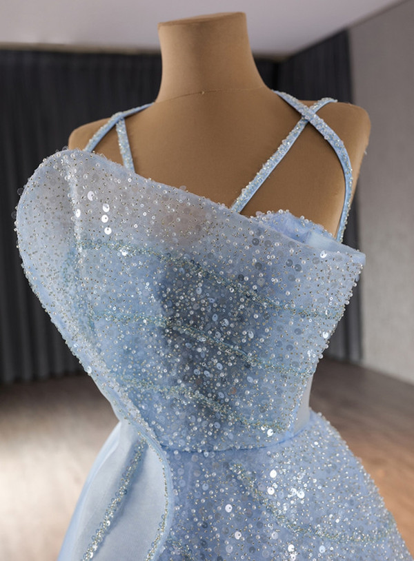 Sexy Blue Sequins Spaghetti Straps Prom Dress