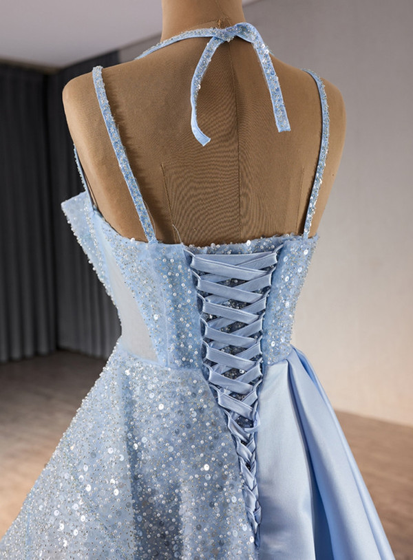 Sexy Blue Sequins Spaghetti Straps Prom Dress