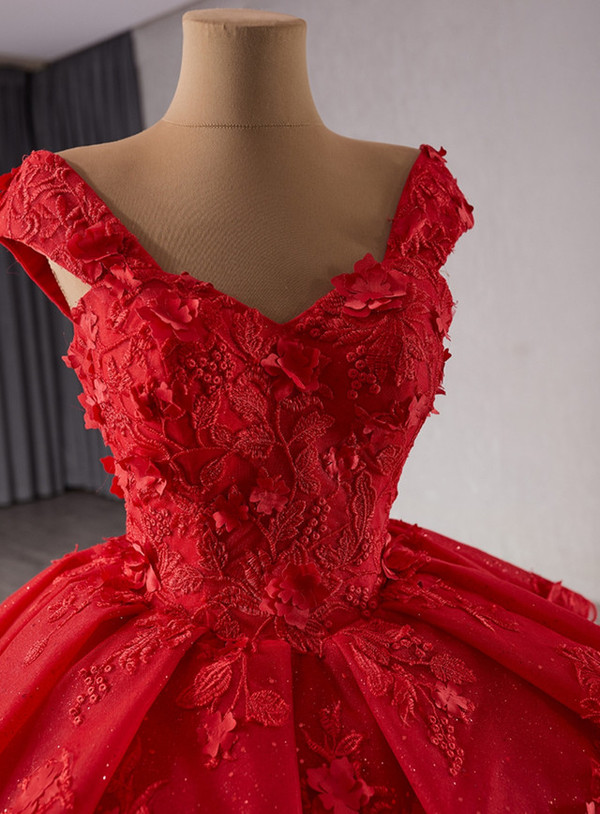 Red Ball Gown Tulle 3D Flower Prom Dress