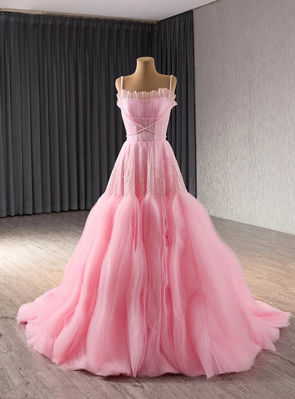 Pink Tulle Spaghetti Straps Pleats Beading Prom Dress