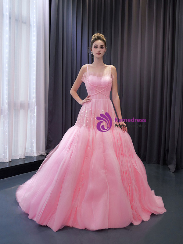 Pink Tulle Spaghetti Straps Pleats Beading Prom Dress