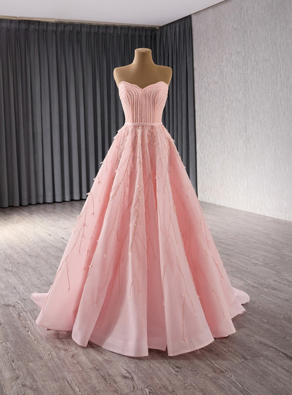 Pink Tulle Strapless Beading Prom Dress